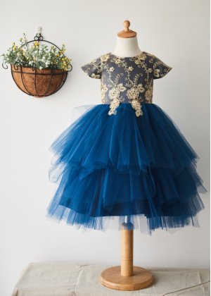 Cap Sleeves Gold Lace Navy Blue Tulle Tea Length Flower Girl Dress